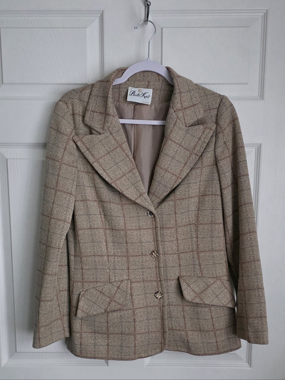 Vintage 70s Butte Knit Plaid Blazer Jacket Wide Notch Lapel Beige Rust Small